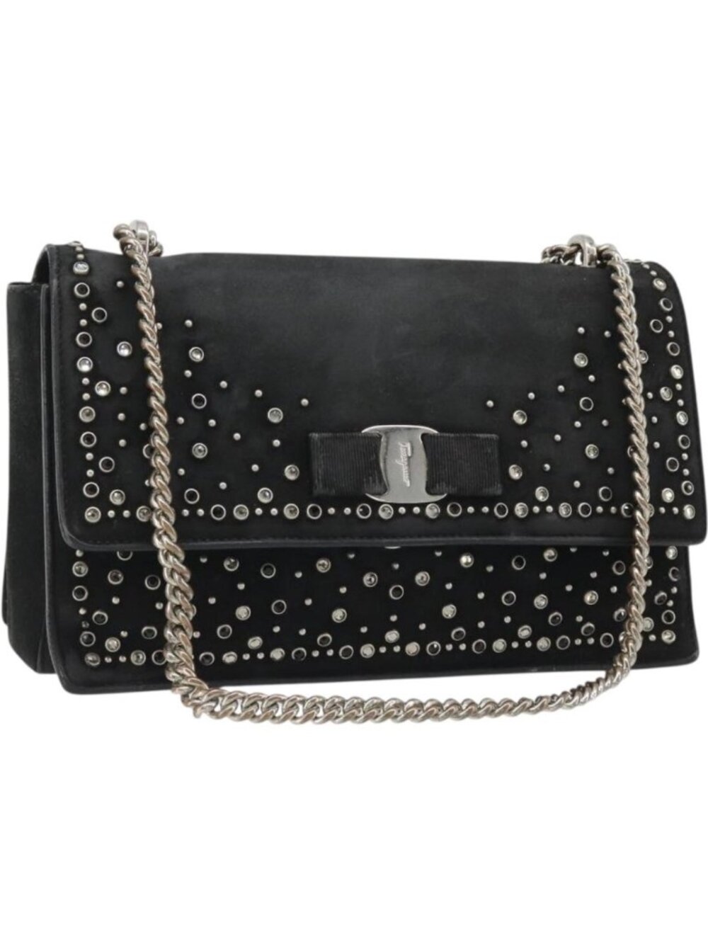 Salvatore Ferragamo Vala Chain Shoulder Bag Suede Black Silver